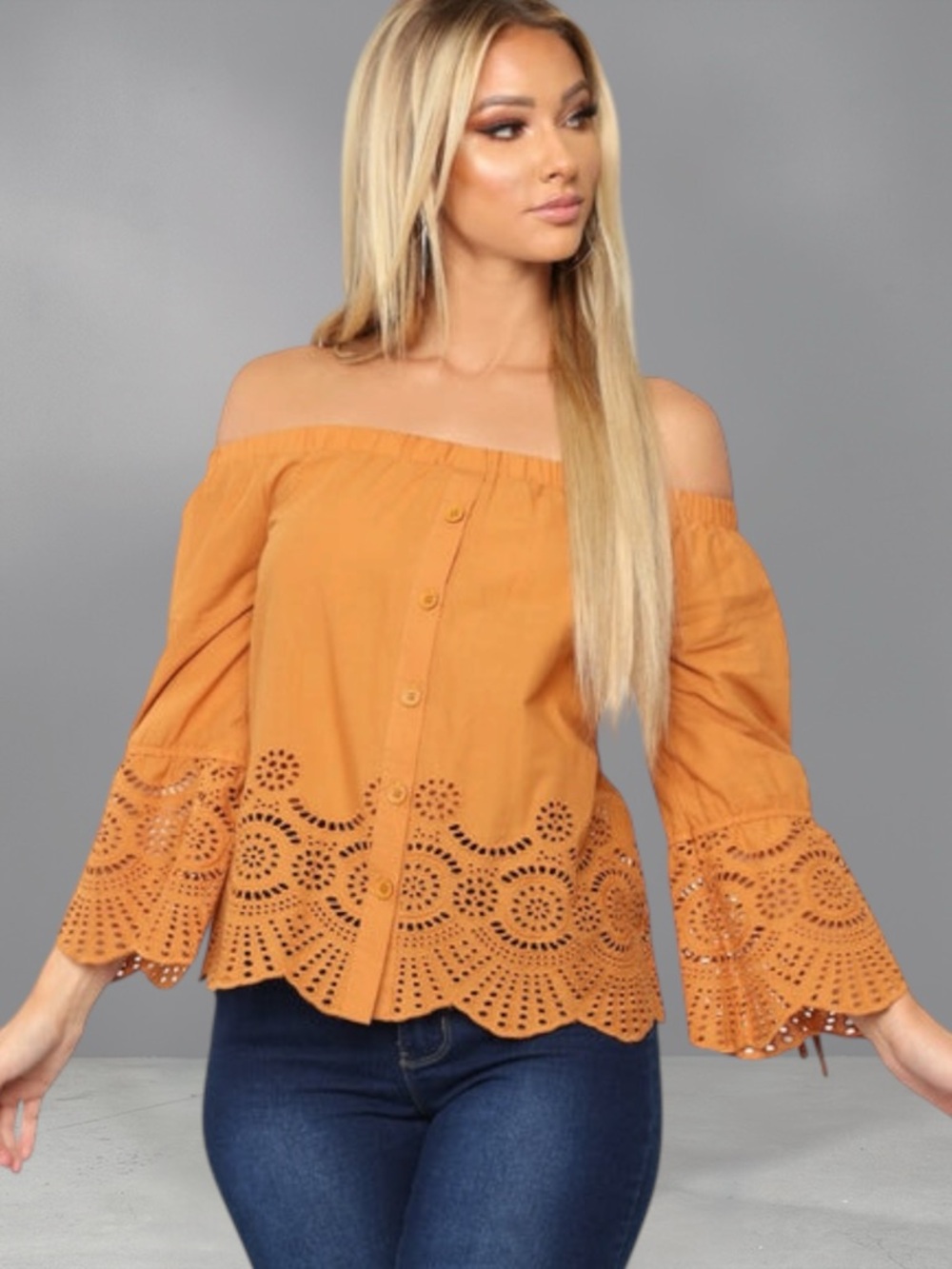 Off-Shoulder Eyelet Button-Front Top - Cognac